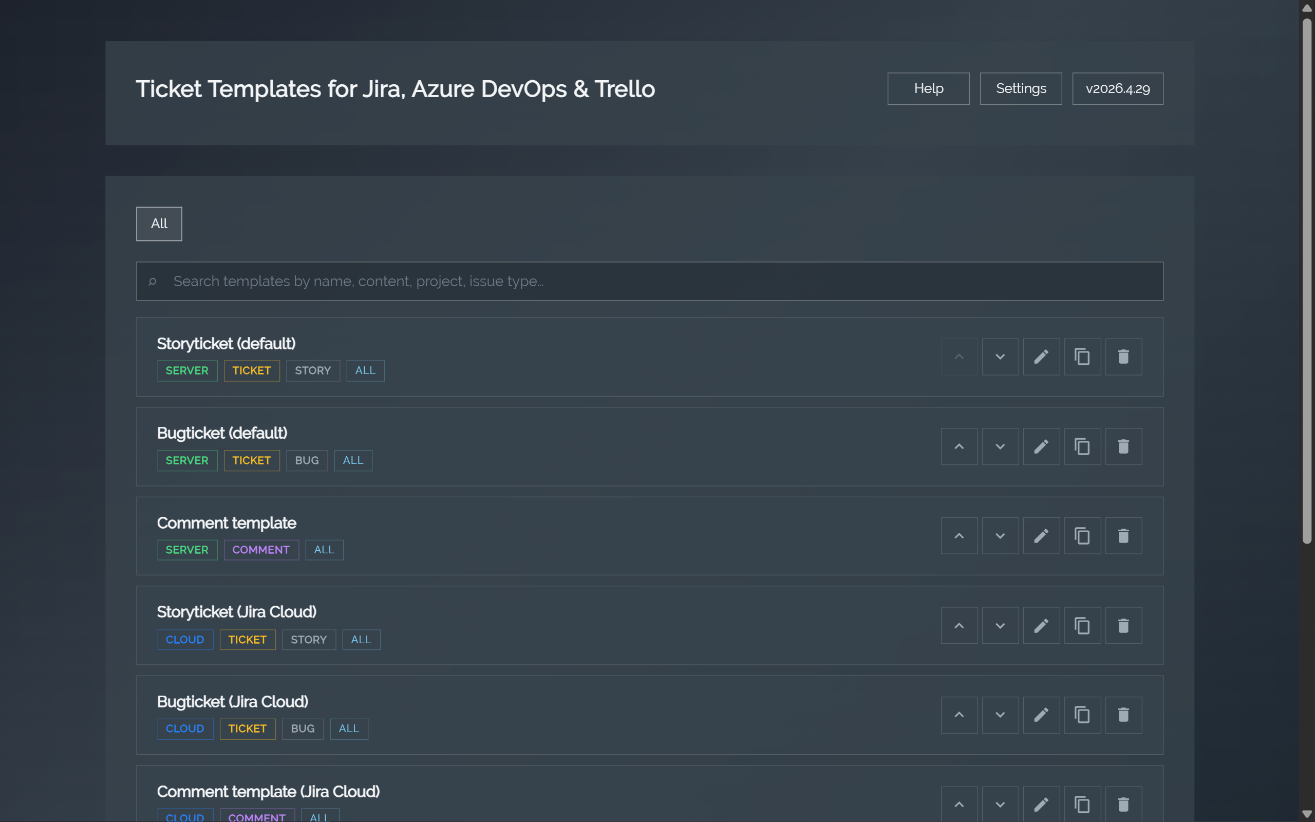The Ticket Templates options page showing a list of templates and the rich text editor.