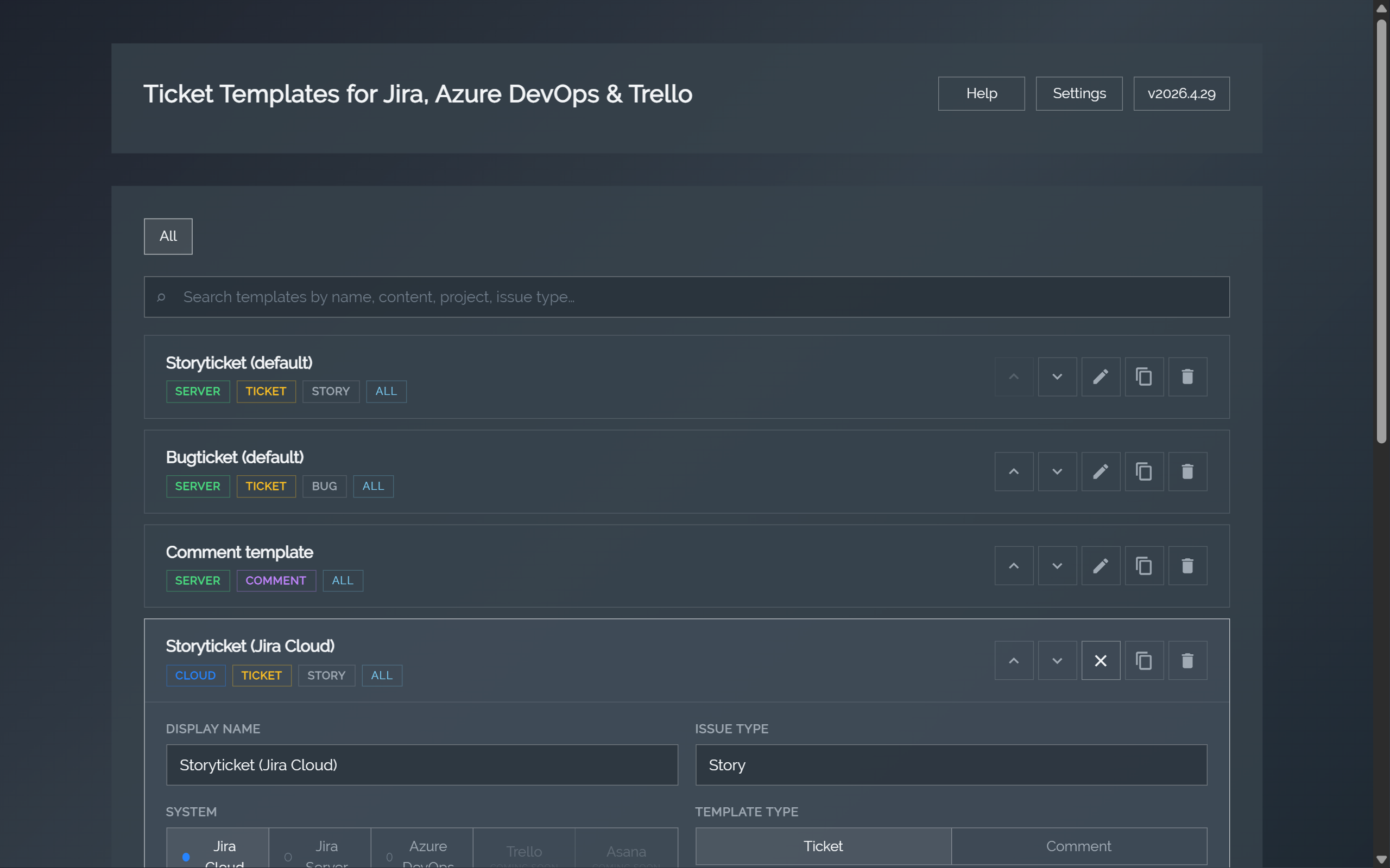 A Jira Cloud template open in the editor, with Jira Cloud selected as the platform.