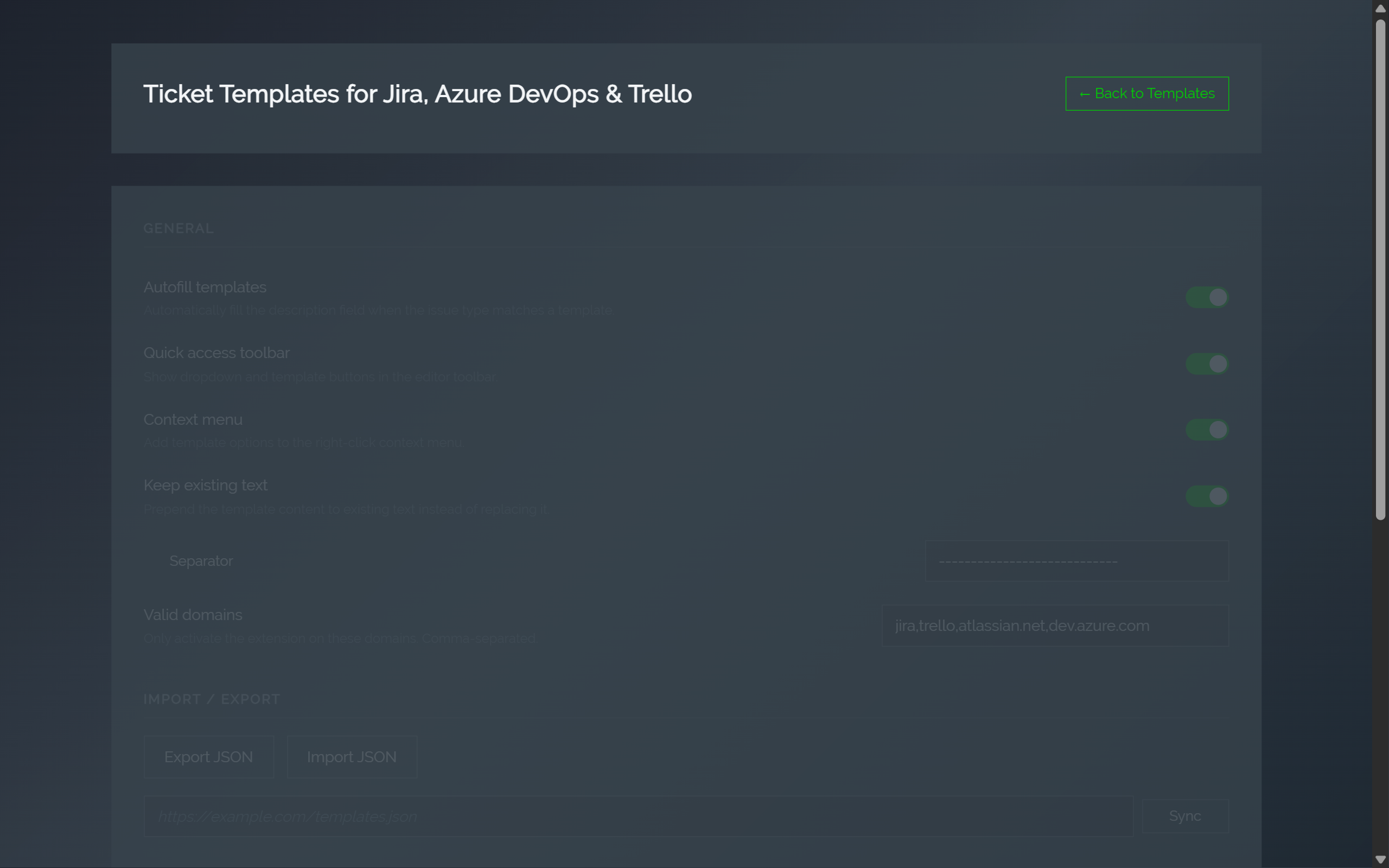The Settings panel showing behavior toggles, allowed domains, and import/export controls.